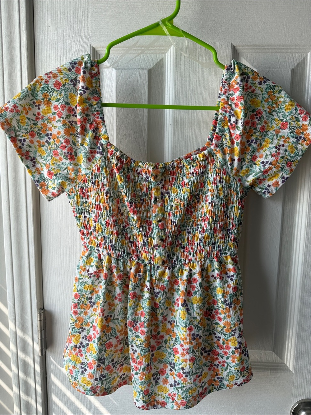 No Boundaries Floral Smocked Square-Neck Top - White Multi